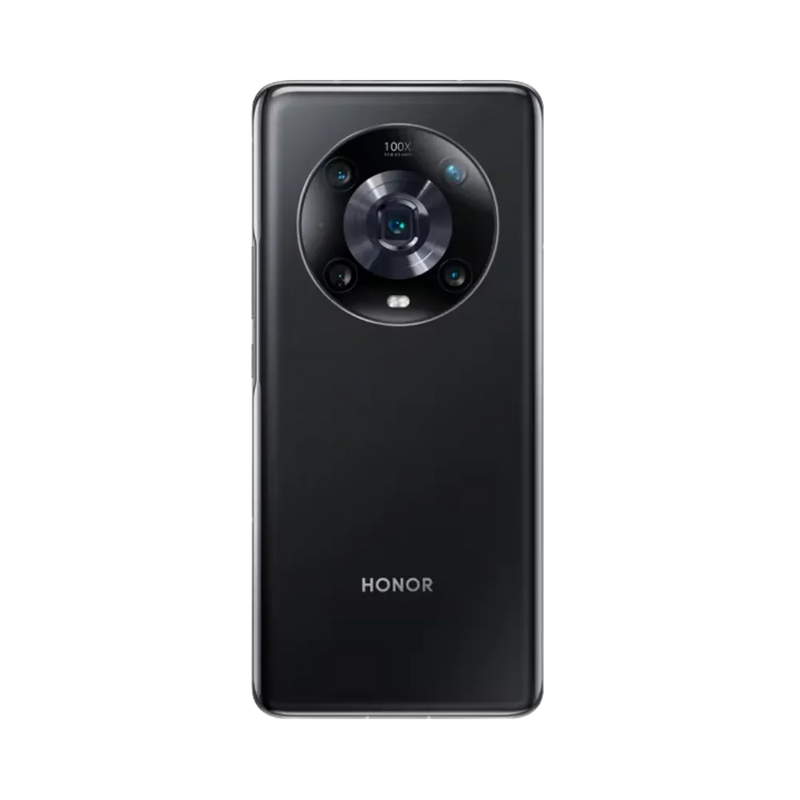 Honor Magic 4 Pro noir vu de dos en position verticale, grand module photo circulaire centré avec plusieurs capteurs visibles, image optimisée pour réparations vitre arrière et remplacement caméra chez iTelier Lyon.