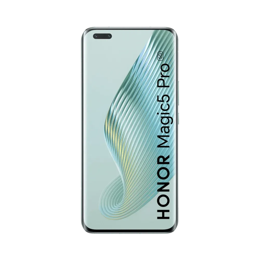 Honor Magic 5 Pro vert en position verticale, écran lumineux avec fond dégradé vert et poinçon double caméra frontale en haut à gauche, idéal pour illustrer réparation écran original et diagnostic gratuit chez iTelier Lyon.