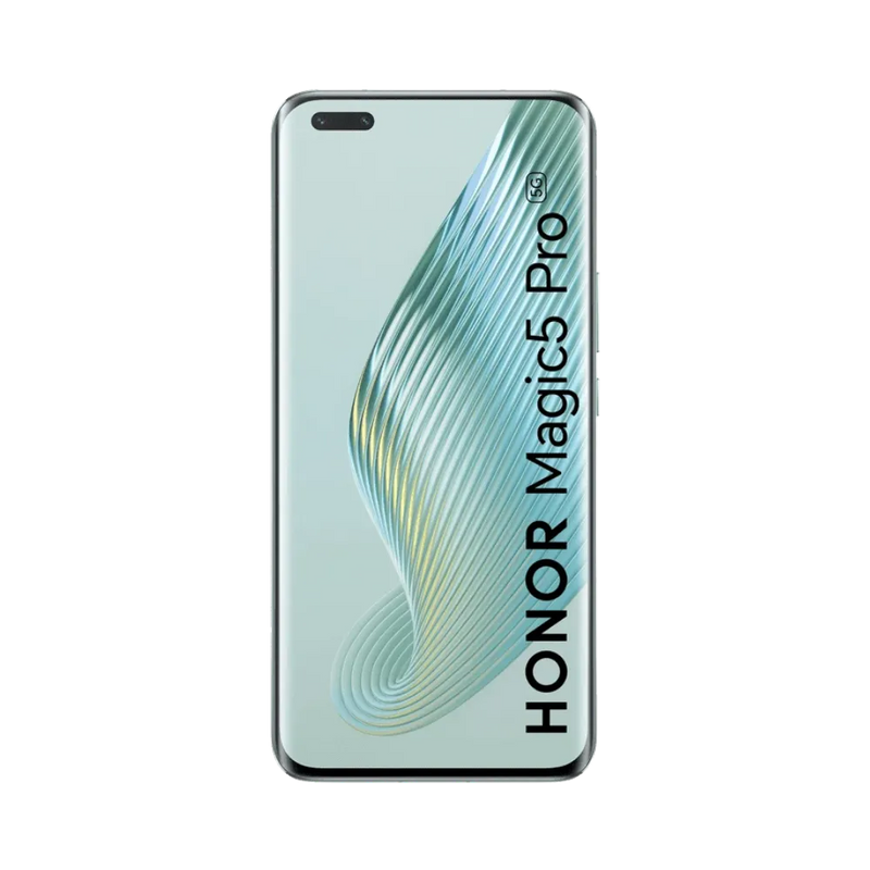 Honor Magic 5 Pro vert en position verticale, écran lumineux avec fond dégradé vert et poinçon double caméra frontale en haut à gauche, idéal pour illustrer réparation écran original et diagnostic gratuit chez iTelier Lyon.