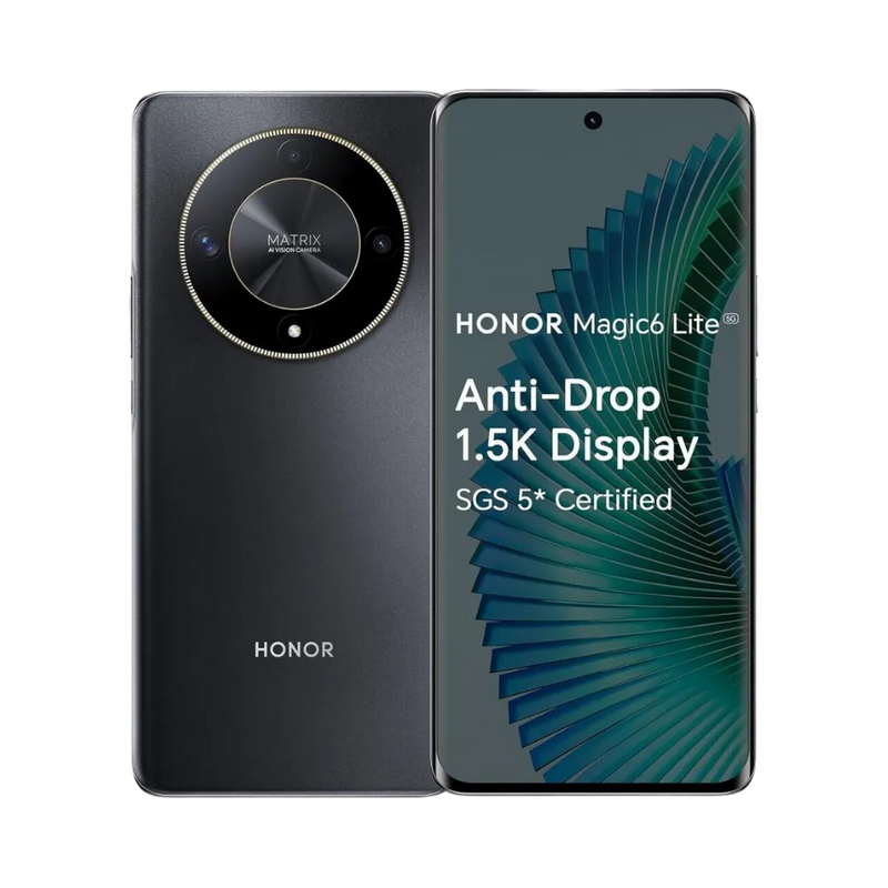 Honor Magic 6 Lite noir affiché de face et de dos côte à côte, écran allumé avec motif vert et texte Anti-Drop 1.5K Display, grand module photo circulaire arrière visible, idéal pour réparations écran et vitre arrière chez iTelier Lyon.