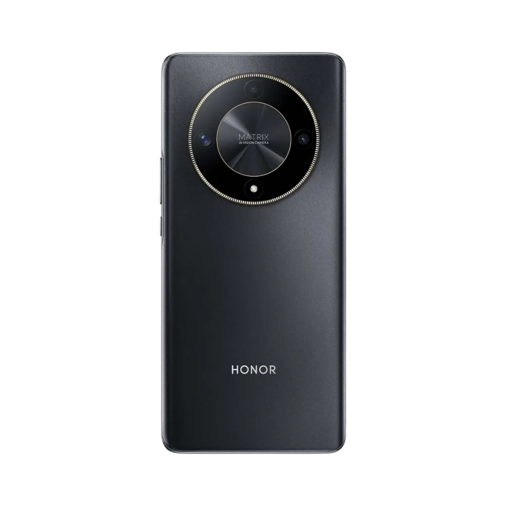 Honor Magic 6 Lite noir vu de dos en position verticale, grand bloc photo circulaire central avec triple capteur visible, image optimisée pour réparations vitre arrière et remplacement caméra chez iTelier Lyon.