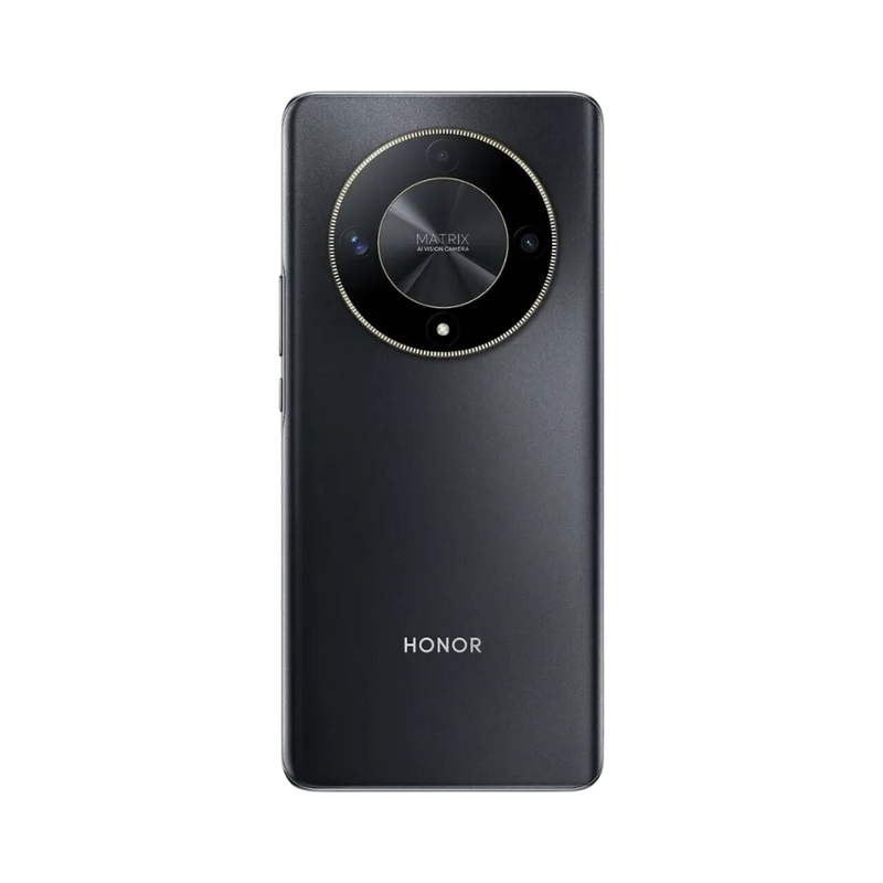 Honor Magic 6 Lite noir vu de dos en position verticale, grand bloc photo circulaire central avec triple capteur visible, image optimisée pour réparations vitre arrière et remplacement caméra chez iTelier Lyon.