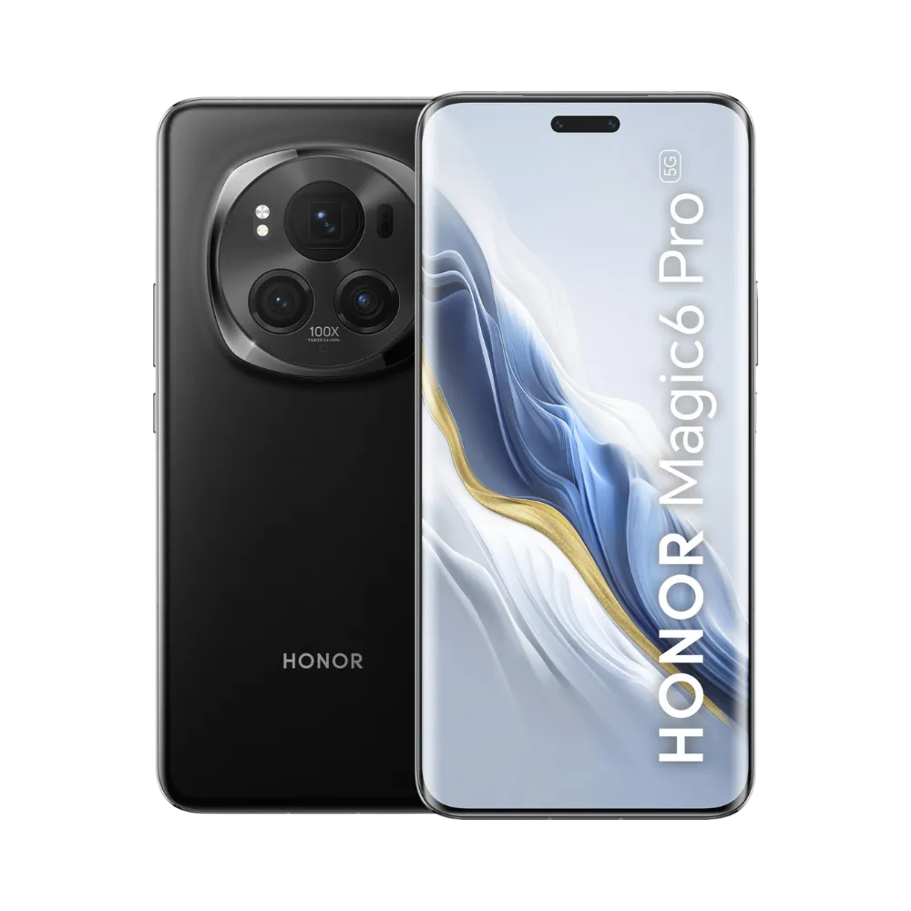 Honor Magic 6 Pro noir affiché de face et de dos côte à côte, écran allumé avec fond blanc et bleu, bloc photo circulaire imposant visible à l’arrière, parfait pour réparations écran et vitre arrière chez iTelier Lyon.