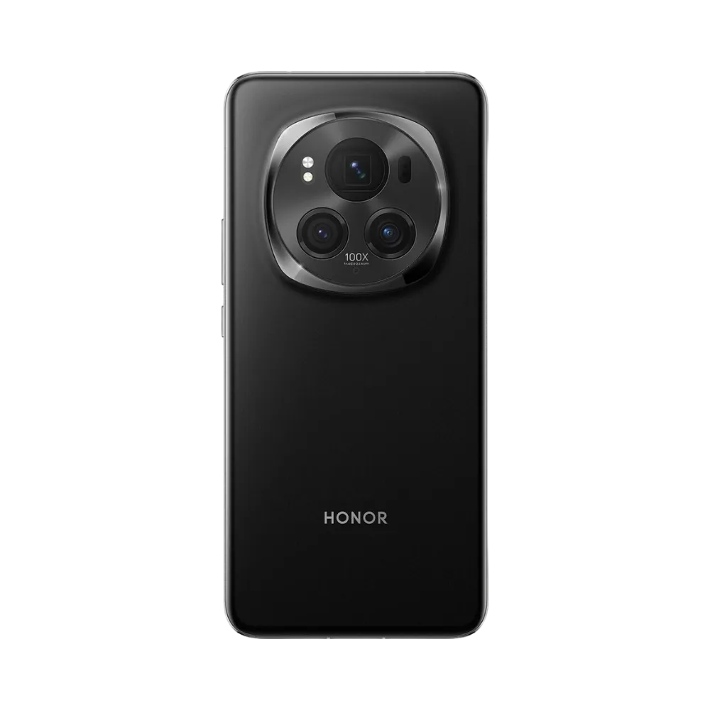 Honor Magic 6 Pro noir vu de dos en position verticale, grand module photo circulaire central bien visible, image optimisée pour réparations vitre arrière et remplacement caméra chez iTelier Lyon.