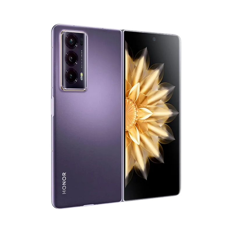 Honor Magic V2 violet affiché en position ouverte avec écran pliable incliné vers l’arrière, motif fleur dorée en fond, idéal pour illustrer réparations écran pliable et composants internes chez iTelier Lyon.