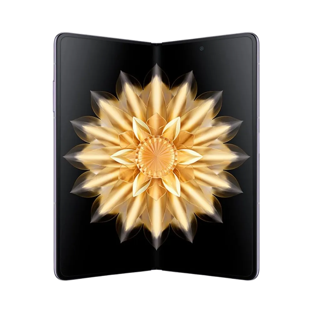 Honor Magic V2 violet affiché en position ouverte comme un livre, grand écran pliable lumineux avec motif fleur dorée, parfait pour représenter réparations écran pliable chez iTelier Lyon.