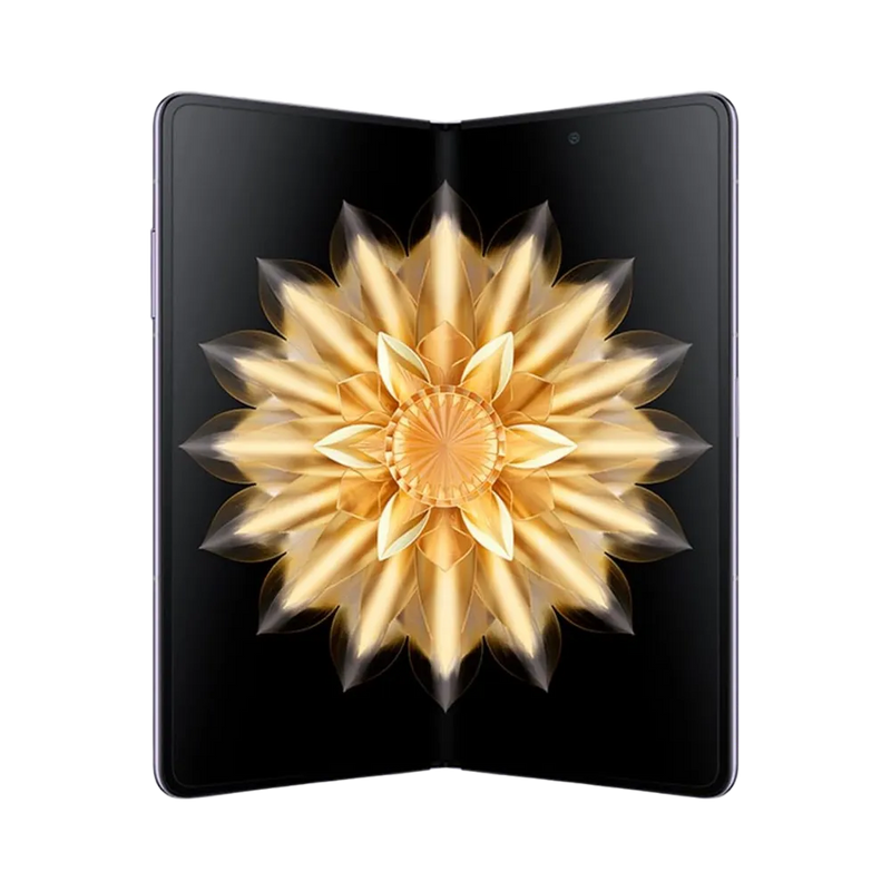 Honor Magic V2 violet affiché en position ouverte comme un livre, grand écran pliable lumineux avec motif fleur dorée, parfait pour représenter réparations écran pliable chez iTelier Lyon.