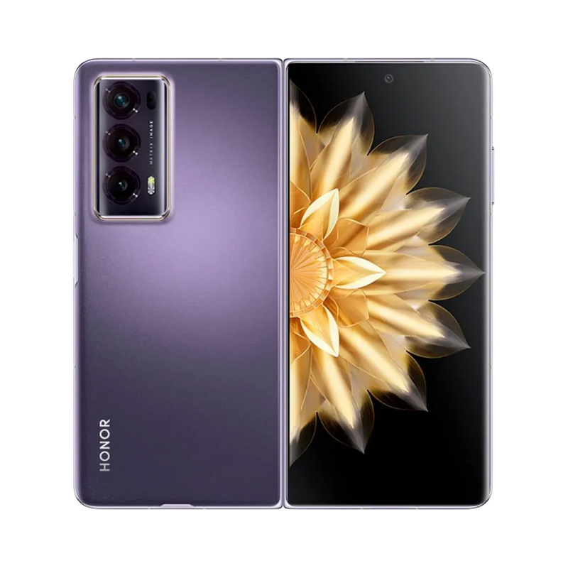 Honor Magic V2 violet affiché de face et de dos côte à côte, écran pliable allumé avec fleur dorée en fond, triple caméra arrière visible, parfait pour réparations écran pliable et vitre arrière chez iTelier Lyon.