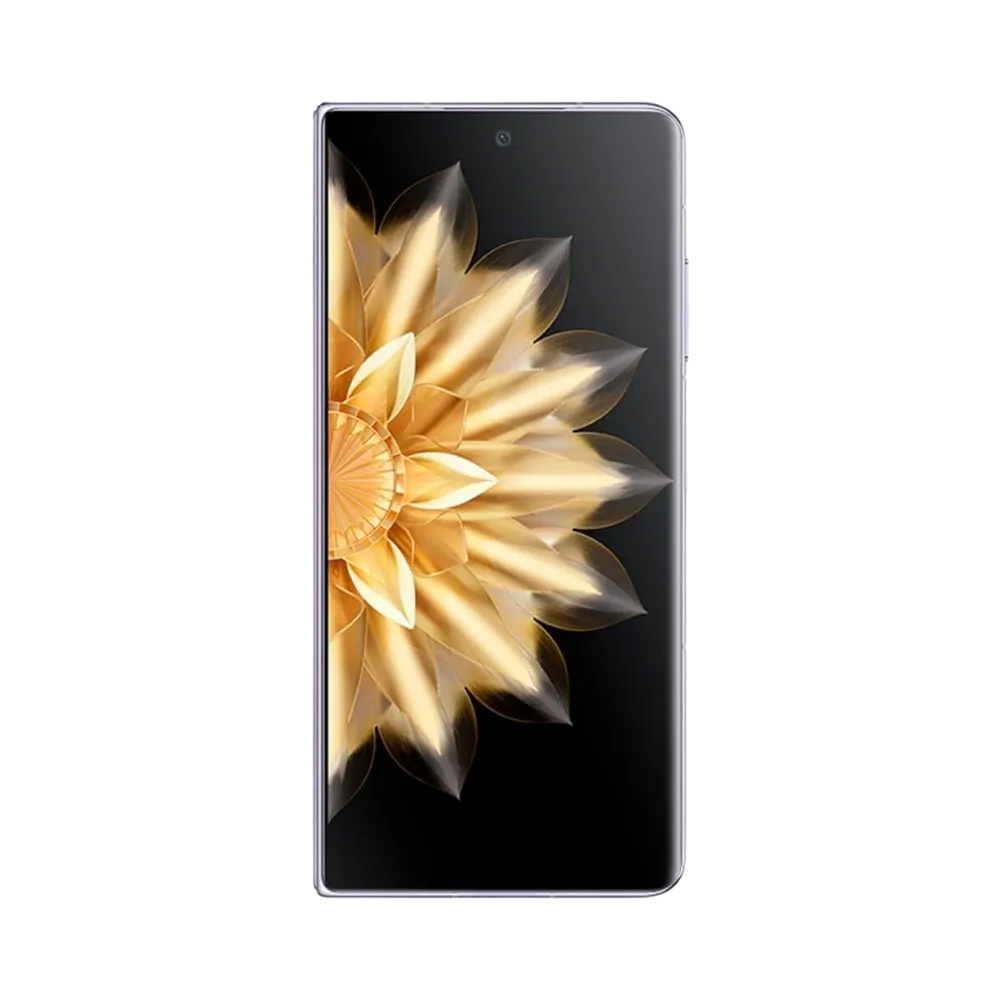 Honor Magic V2 violet en position verticale avec écran allumé affichant une fleur dorée, smartphone plié, idéal pour illustrer réparation écran original et diagnostic gratuit chez iTelier Lyon.