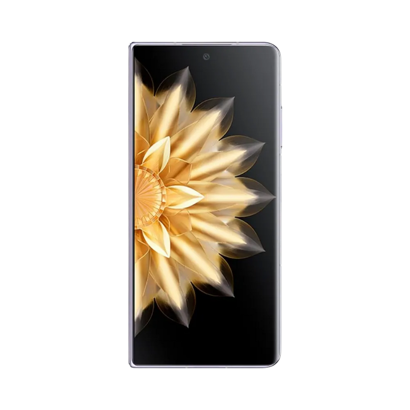 Honor Magic V2 violet en position verticale avec écran allumé affichant une fleur dorée, smartphone plié, idéal pour illustrer réparation écran original et diagnostic gratuit chez iTelier Lyon.