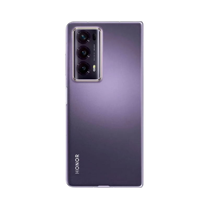 Honor Magic V2 violet vu de dos en position verticale pliée, triple caméra arrière alignée verticalement sur la gauche, image optimisée pour réparations vitre arrière et remplacement caméra chez iTelier Lyon.