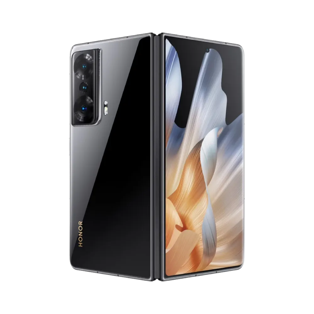 Honor Magic Vs noir affiché en position ouverte avec un angle partiel, écran pliable lumineux montrant une fleur dorée, idéal pour illustrer réparations écran pliable et optimisation batterie chez iTelier Lyon.