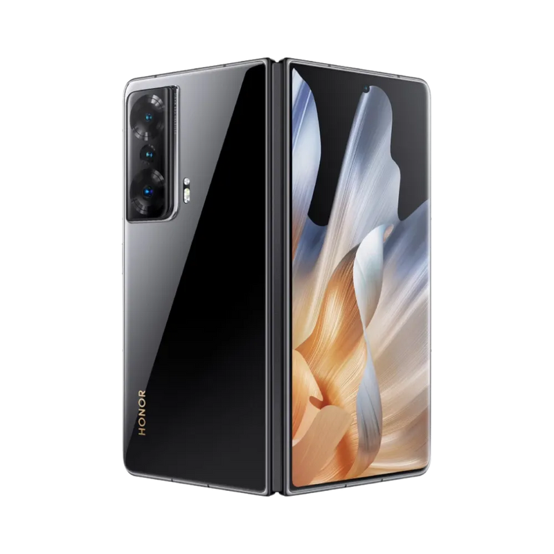 Honor Magic Vs noir affiché en position ouverte avec un angle partiel, écran pliable lumineux montrant une fleur dorée, idéal pour illustrer réparations écran pliable et optimisation batterie chez iTelier Lyon.