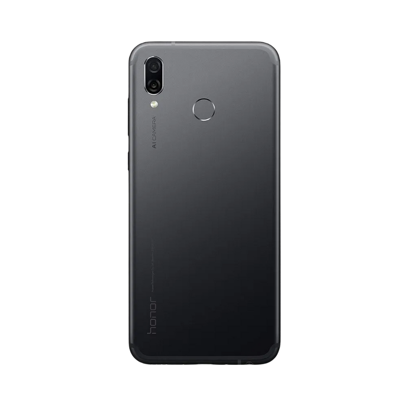 Honor Play noir vu de dos en position verticale, double caméra arrière verticale et capteur d’empreinte circulaire bien visibles, image optimisée pour réparations vitre arrière et remplacement caméra chez iTelier Lyon.