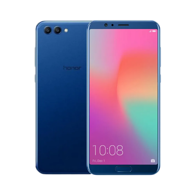 Honor View 10 bleu affiché de face et de dos côte à côte, écran allumé avec fond dégradé rose et vert, double caméra arrière horizontale bien visible, parfait pour réparations écran et vitre arrière chez iTelier Lyon.