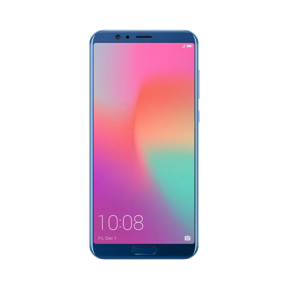 Honor View 10 bleu en position verticale, écran allumé avec fond lumineux dégradé rose et vert, idéal pour illustrer réparation écran original et diagnostic gratuit chez iTelier Lyon.