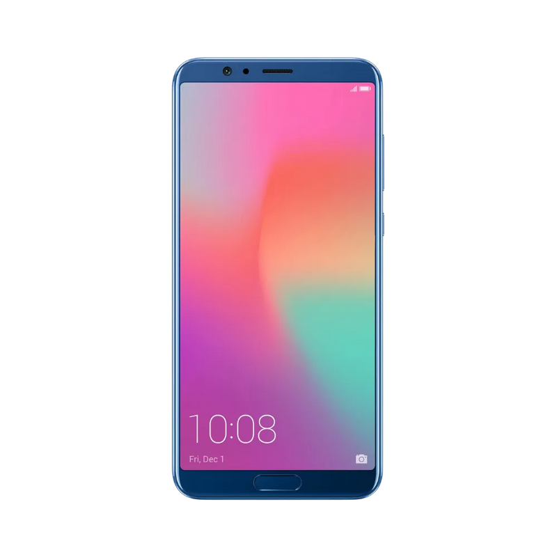 Honor View 10 bleu en position verticale, écran allumé avec fond lumineux dégradé rose et vert, idéal pour illustrer réparation écran original et diagnostic gratuit chez iTelier Lyon.