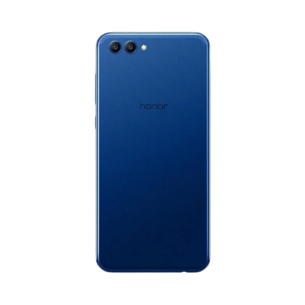 Honor View 10 bleu vu de dos en position verticale, surface mate avec double caméra arrière horizontale et flash, image optimisée pour réparations vitre arrière et remplacement caméra chez iTelier Lyon.