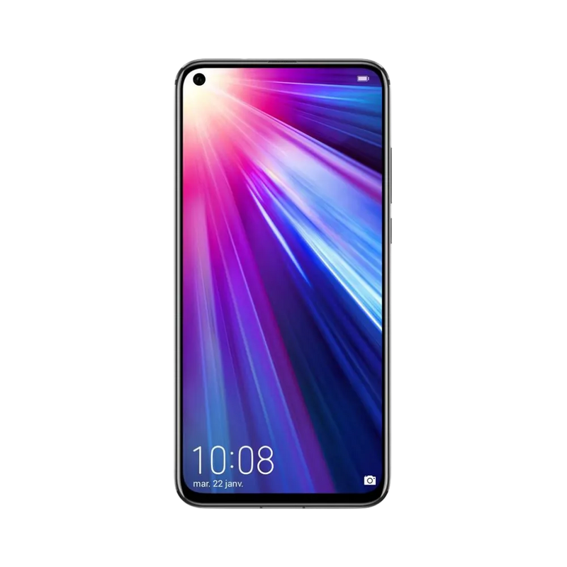 Honor View 20 en position verticale, écran lumineux avec dégradé violet et bleu en fond, poinçon pour caméra frontale en haut à gauche, idéal pour illustrer réparation écran original et diagnostic gratuit chez iTelier Lyon.