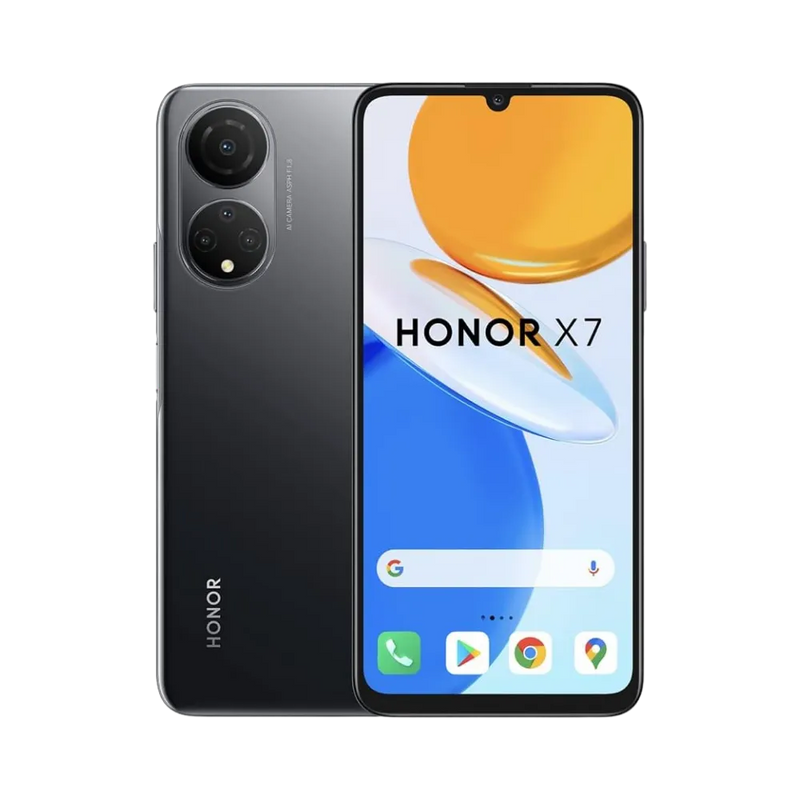 Honor X7 noir affiché de face et de dos, grand écran avec encoche en haut et double module photo circulaire à l’arrière, parfait pour réparations écran fissuré et vitre arrière cassée chez iTelier Lyon.