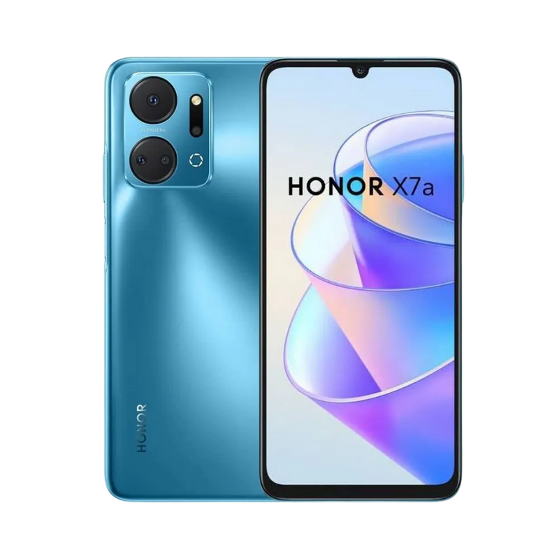 Honor X7a bleu affiché de face et de dos, grand écran avec encoche goutte d’eau et double module photo circulaire à l’arrière, idéal pour réparations écran fissuré et vitre arrière chez iTelier Lyon.