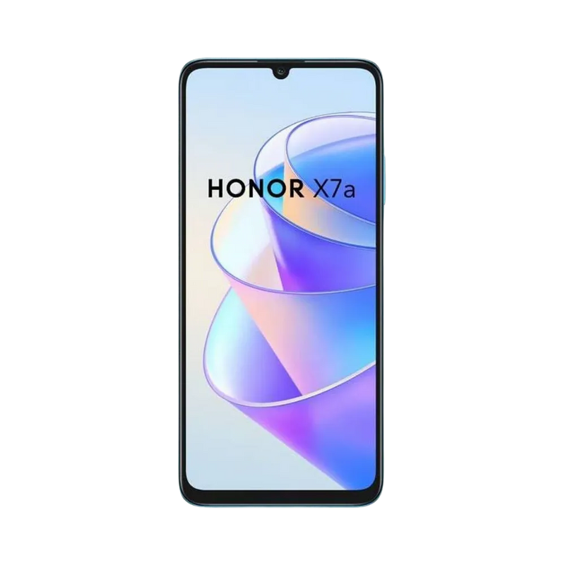 Honor X7a bleu vu de face, écran lumineux avec encoche discrète, parfait pour illustrer réparations écran LCD et vitre tactile sur smartphone cassé chez iTelier Lyon.