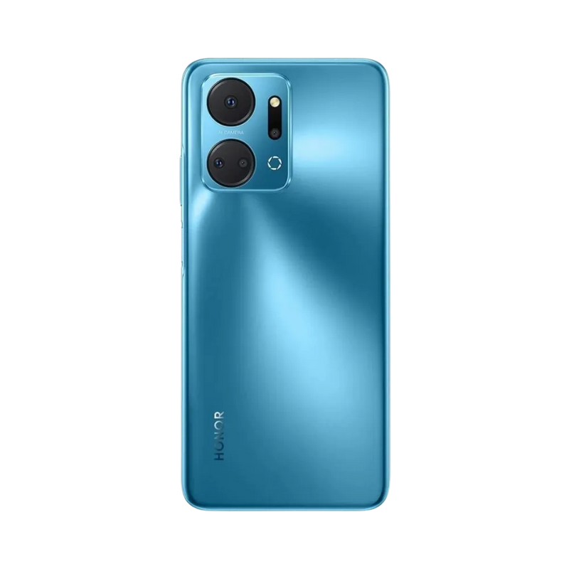 Honor X7a bleu vu de dos, double bloc photo circulaire en haut à gauche avec design brillant, image dédiée aux réparations vitre arrière et remplacement caméra chez iTelier Lyon.