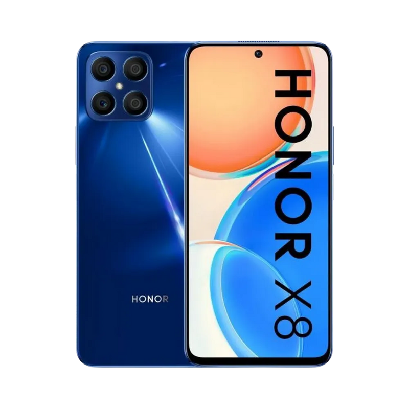 Honor X8 bleu présenté de face et de dos, grand écran sans bordures avec poinçon central et quadruple caméra arrière en module carré, parfait pour réparations écran et vitre arrière chez iTelier Lyon.