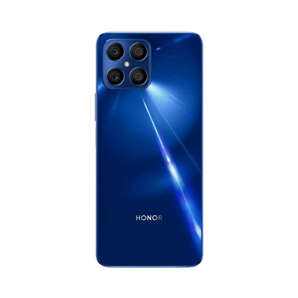 Honor X8 bleu vu de dos, quadruple module photo carré situé en haut à gauche, design élégant et brillant, parfait pour réparations vitre arrière et caméra arrière chez iTelier Lyon.