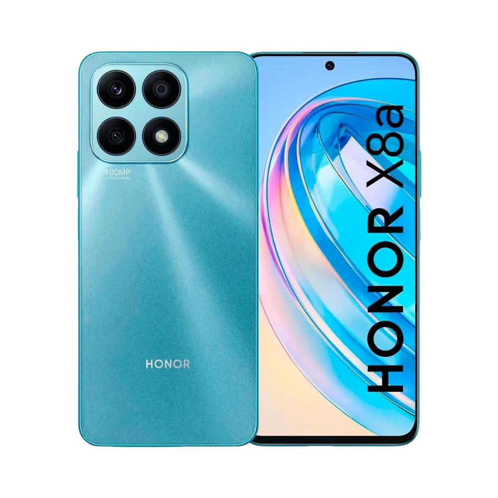 Honor X8a bleu présenté de face et de dos, grand écran sans bordures avec caméra frontale poinçonnée, quadruple module photo carré à l’arrière, idéal pour réparations écran et vitre arrière chez iTelier Lyon.