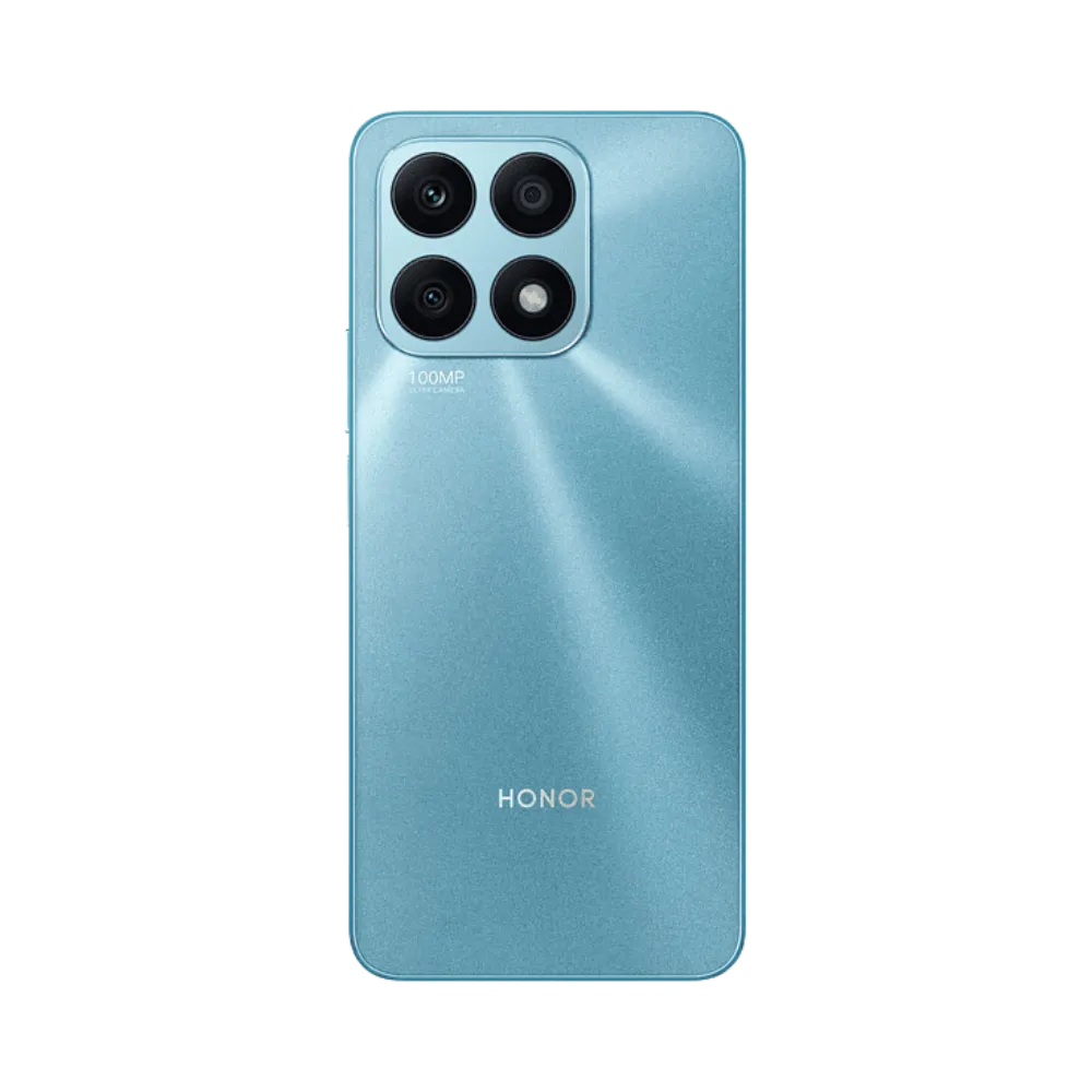 Honor X8a bleu vu de dos, quadruple appareil photo disposé en carré en haut à gauche, surface brillante, parfait pour réparations vitre arrière et caméra arrière chez iTelier Lyon.
