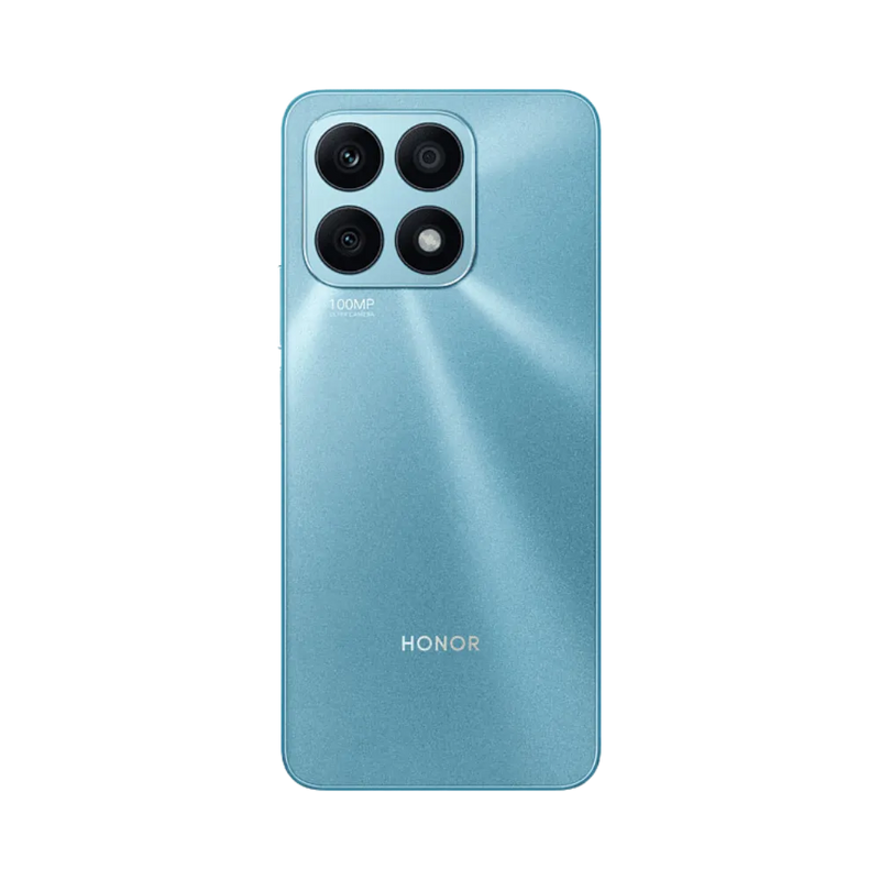 Honor X8a bleu vu de dos, quadruple appareil photo disposé en carré en haut à gauche, surface brillante, parfait pour réparations vitre arrière et caméra arrière chez iTelier Lyon.