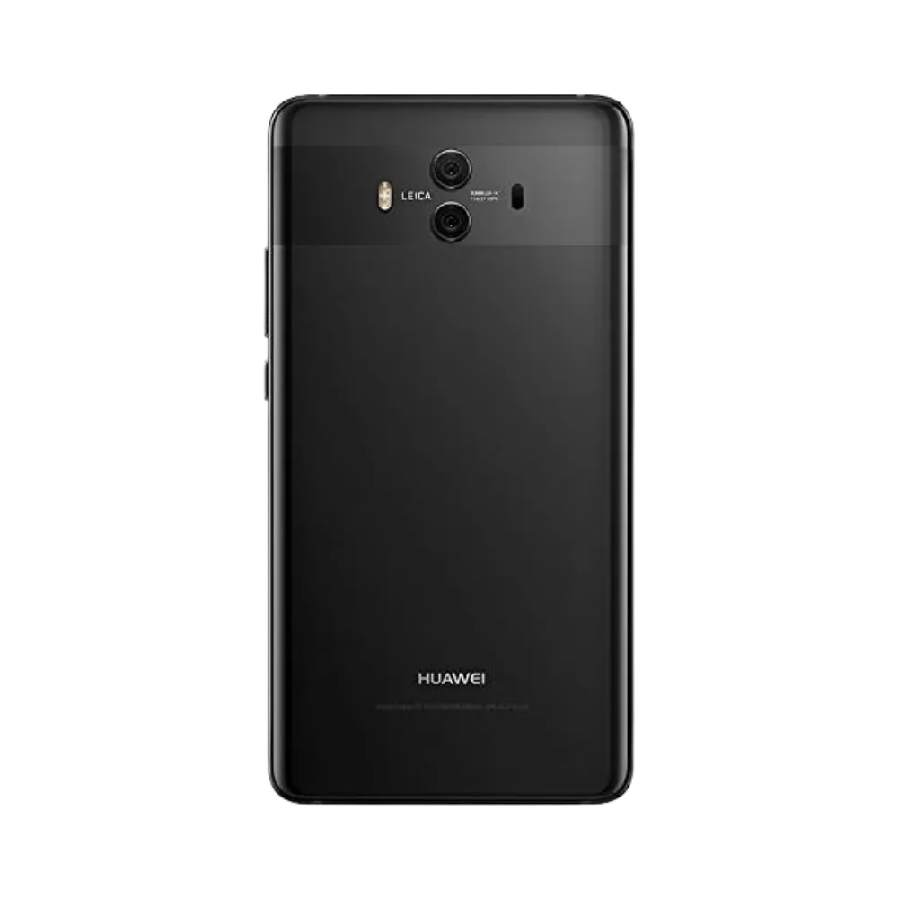 Smartphone Huawei Mate 10 en vue arrière couleur noire, double module photo horizontal centré avec flash et capteur d’empreintes. Photo iTelier Lyon pour réparation vitre arrière, batterie et diagnostic gratuit avec garantie.