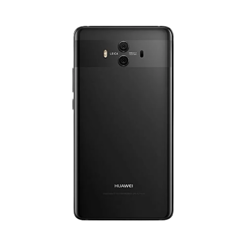 Smartphone Huawei Mate 10 en vue arrière couleur noire, double module photo horizontal centré avec flash et capteur d’empreintes. Photo iTelier Lyon pour réparation vitre arrière, batterie et diagnostic gratuit avec garantie.