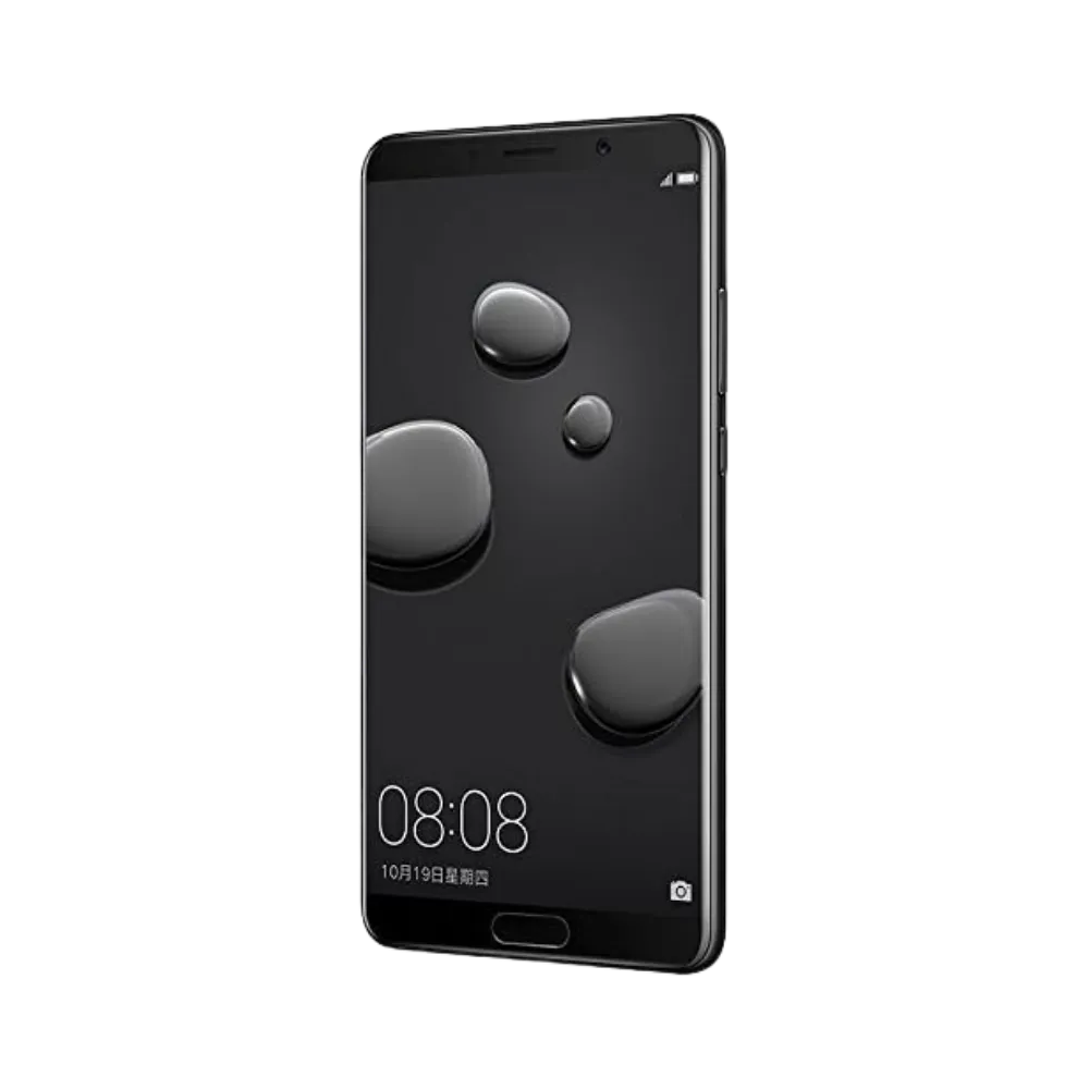 Huawei Mate 10 affiché en vue frontale avec écran allumé sur fond noir avec gouttes d’eau stylisées. Illustration iTelier Lyon pour réparation écran cassé, vitre tactile, diagnostic offert et service rapide garanti.