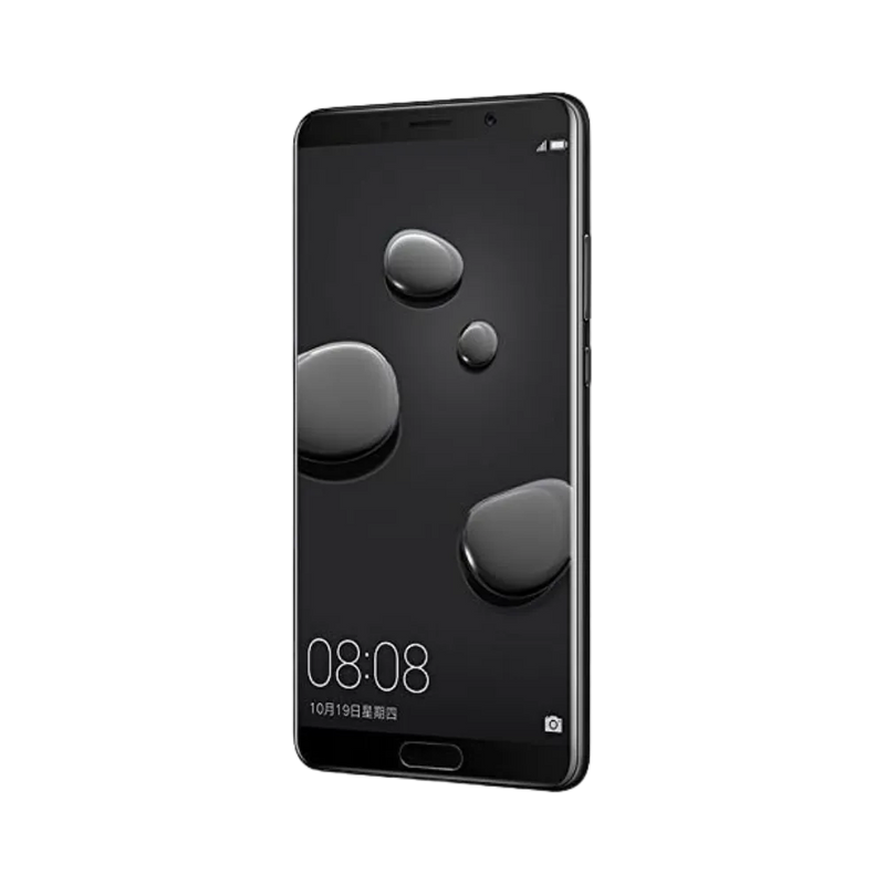 Huawei Mate 10 affiché en vue frontale avec écran allumé sur fond noir avec gouttes d’eau stylisées. Illustration iTelier Lyon pour réparation écran cassé, vitre tactile, diagnostic offert et service rapide garanti.