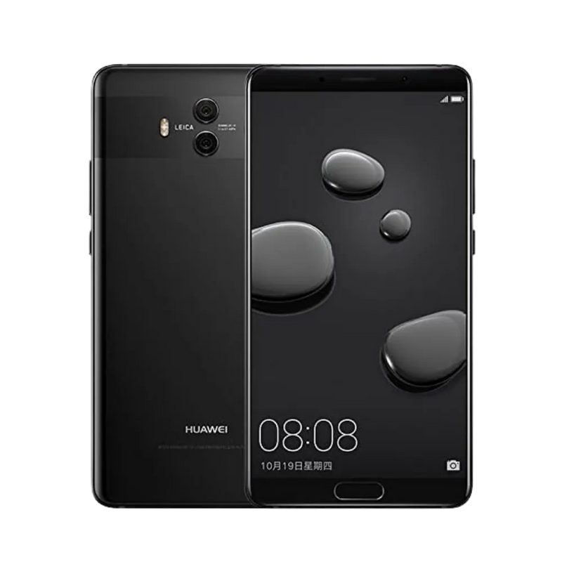 Photo Huawei Mate 10 en vue avant avec écran allumé et arrière noir visible, angle trois quarts. Image optimisée iTelier Lyon pour réparation écran LCD, batterie, diagnostic gratuit et pièces garanties.