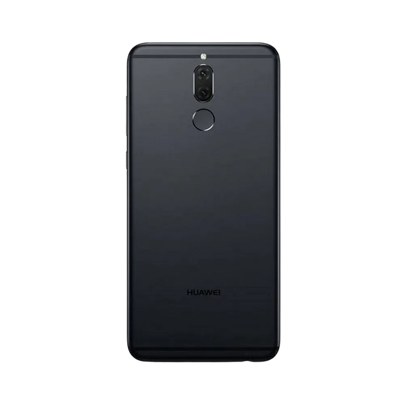 Smartphone Huawei Mate 10 Lite en vue arrière couleur noire, double module photo vertical centré avec capteur d’empreintes. Photo iTelier Lyon pour réparation vitre arrière, batterie et diagnostic gratuit avec garantie.