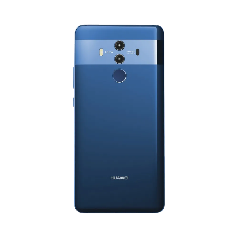 Smartphone Huawei Mate 10 Pro en vue arrière couleur bleue, double module photo vertical centré avec flash et capteur d’empreintes. Photo iTelier Lyon pour réparation vitre arrière, batterie et diagnostic gratuit avec garantie.