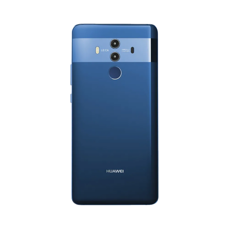 Smartphone Huawei Mate 10 Pro en vue arrière couleur bleue, double module photo vertical centré avec flash et capteur d’empreintes. Photo iTelier Lyon pour réparation vitre arrière, batterie et diagnostic gratuit avec garantie.