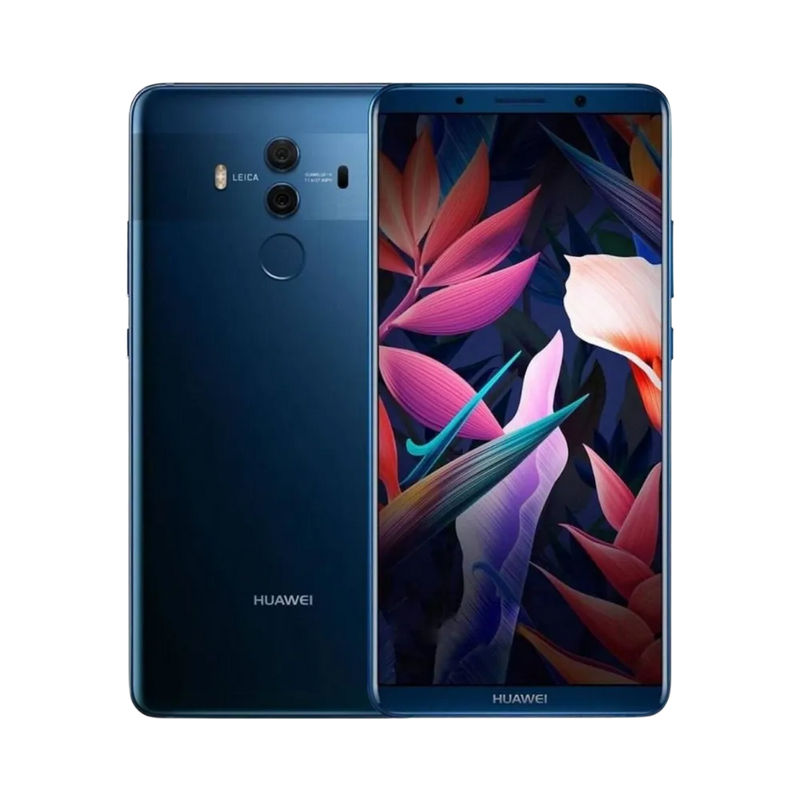 Photo Huawei Mate 10 Pro en vue avant avec écran allumé et arrière bleu visible, angle trois quarts. Image optimisée iTelier Lyon pour réparation écran OLED, batterie, diagnostic gratuit et pièces garanties.