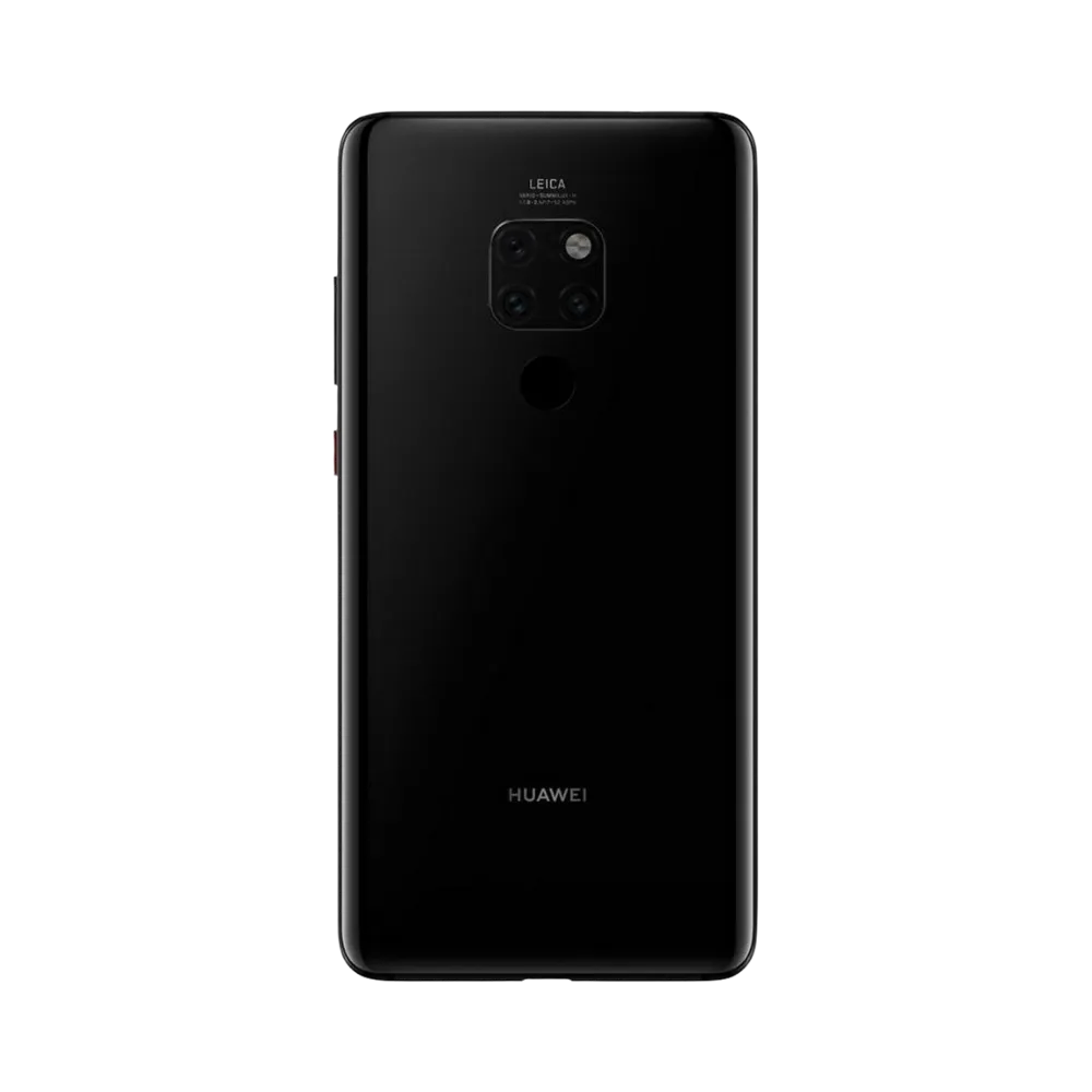 Smartphone Huawei Mate 20 en vue arrière couleur noire, triple module photo carré centré en haut avec flash intégré. Photo iTelier Lyon pour réparation vitre arrière, batterie et diagnostic gratuit avec garantie.