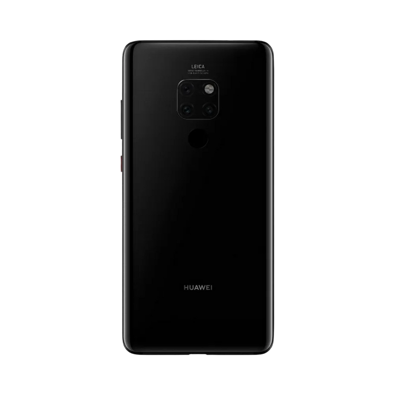 Smartphone Huawei Mate 20 en vue arrière couleur noire, triple module photo carré centré en haut avec flash intégré. Photo iTelier Lyon pour réparation vitre arrière, batterie et diagnostic gratuit avec garantie.