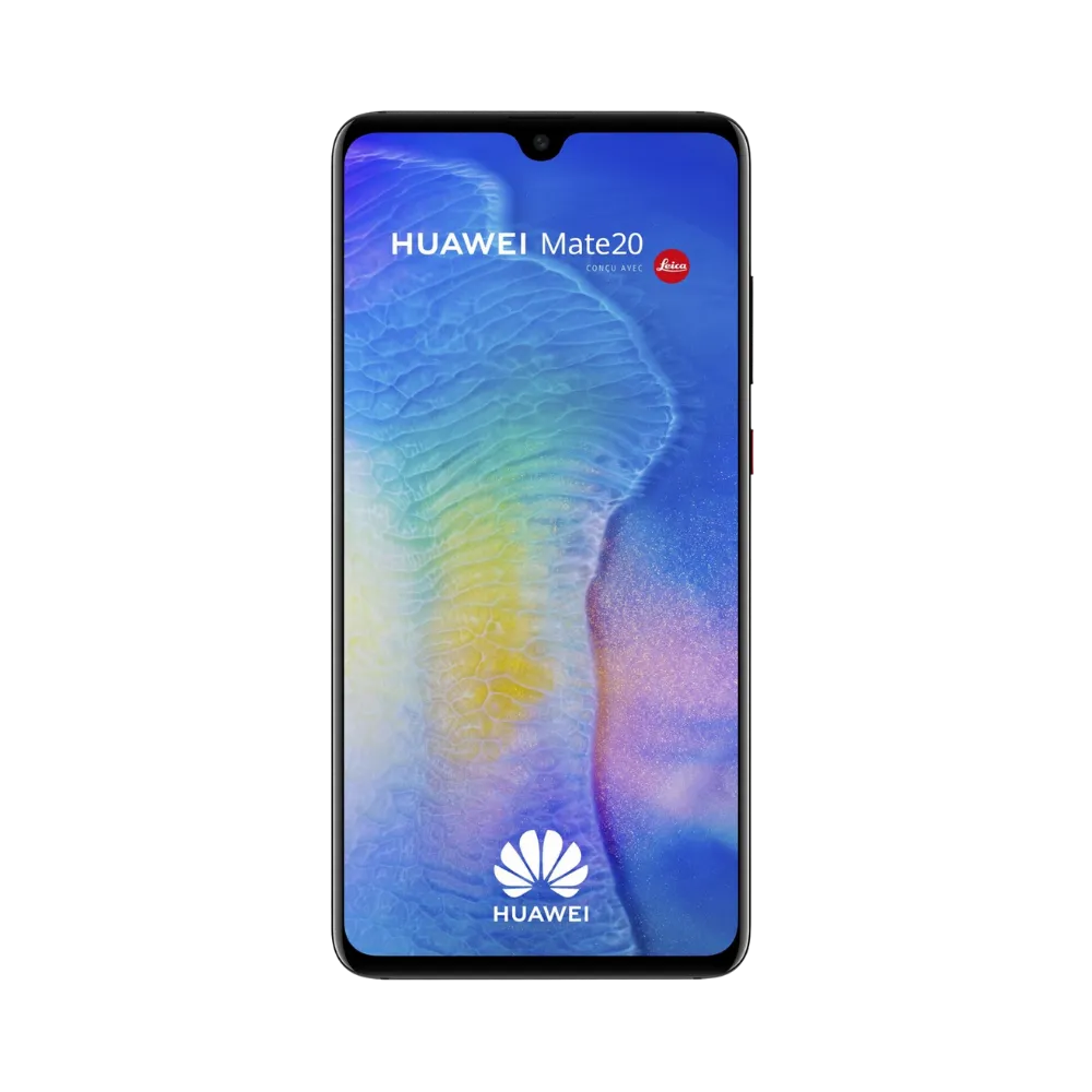 Huawei Mate 20 affiché en vue frontale avec écran allumé montrant un fond bleu et jaune stylisé. Illustration iTelier Lyon pour réparation écran cassé, vitre tactile, diagnostic offert et service rapide garanti.