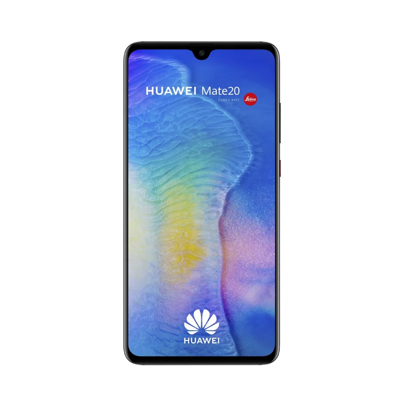 Huawei Mate 20 affiché en vue frontale avec écran allumé montrant un fond bleu et jaune stylisé. Illustration iTelier Lyon pour réparation écran cassé, vitre tactile, diagnostic offert et service rapide garanti.