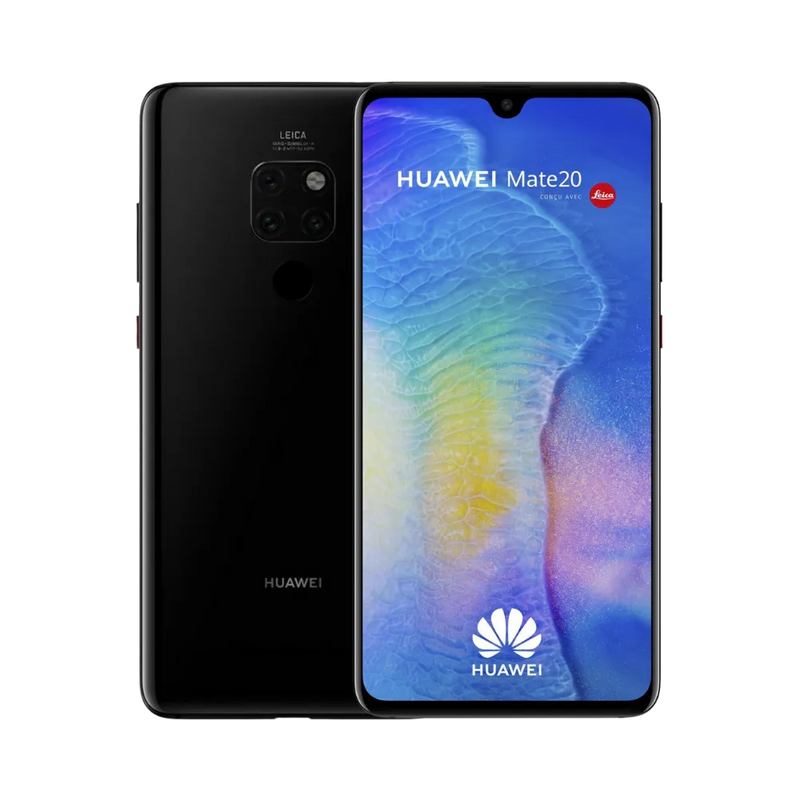 Photo Huawei Mate 20 en vue avant avec écran allumé et arrière noir visible, angle trois quarts. Image optimisée iTelier Lyon pour réparation écran LCD, batterie, diagnostic gratuit et pièces garanties.