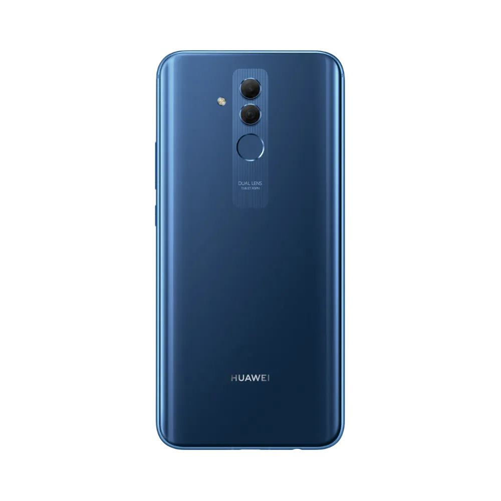 Smartphone Huawei Mate 20 Lite en vue arrière couleur bleu foncé, double module photo vertical centré avec capteur d’empreintes. Photo iTelier Lyon pour réparation vitre arrière, batterie et diagnostic gratuit avec garantie.