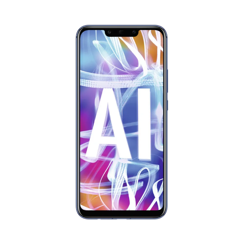Huawei Mate 20 Lite affiché en vue frontale avec écran allumé sur fond coloré violet et orange avec mention AI. Illustration iTelier Lyon pour réparation écran cassé, vitre tactile, diagnostic offert et service rapide garanti.
