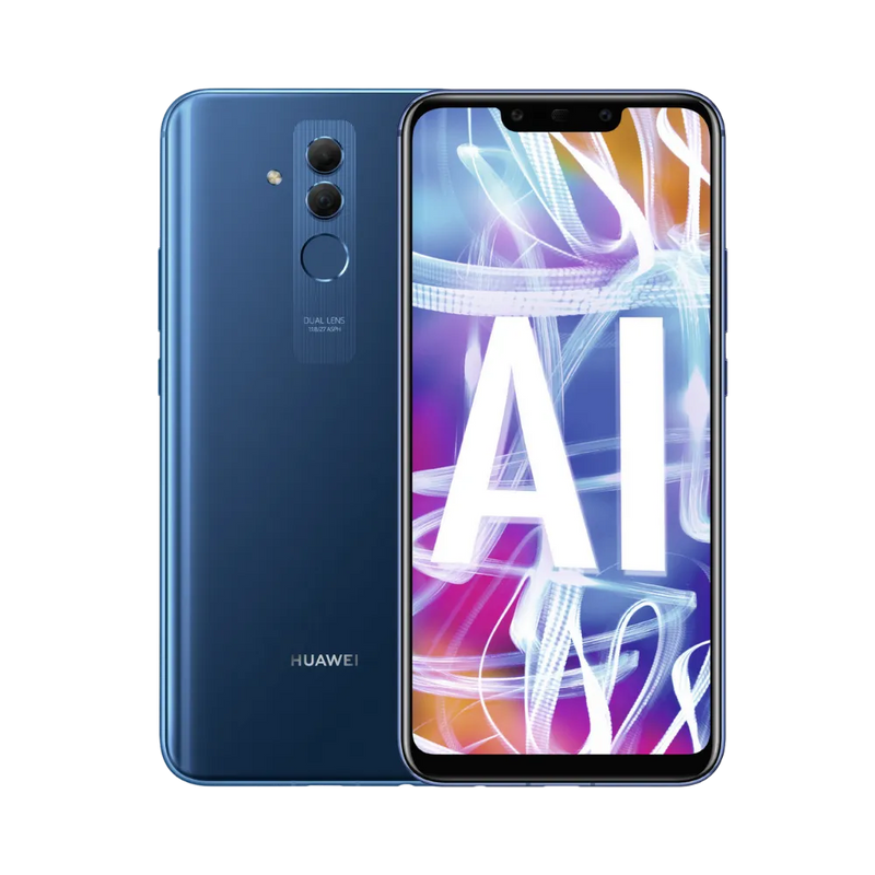 Photo Huawei Mate 20 Lite en vue avant avec écran allumé et arrière bleu foncé visible, angle trois quarts. Image optimisée iTelier Lyon pour réparation écran LCD, batterie, diagnostic gratuit et pièces garanties.