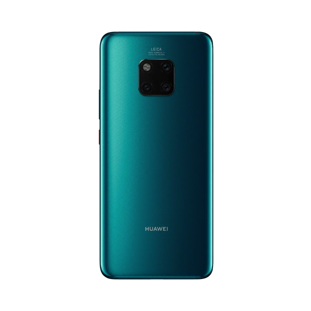 Smartphone Huawei Mate 20 Pro en vue arrière couleur vert émeraude, triple module photo carré centré en haut avec flash. Photo iTelier Lyon pour réparation vitre arrière, batterie et diagnostic gratuit avec garantie.